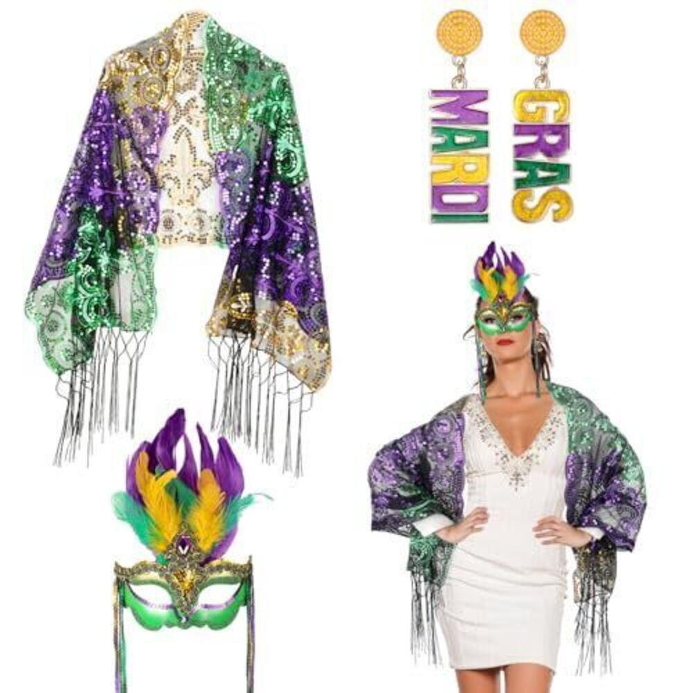 3623 3 Pcs Mardi Gras Costume Outfit with Mardi Gras Mask Shawl Scarf